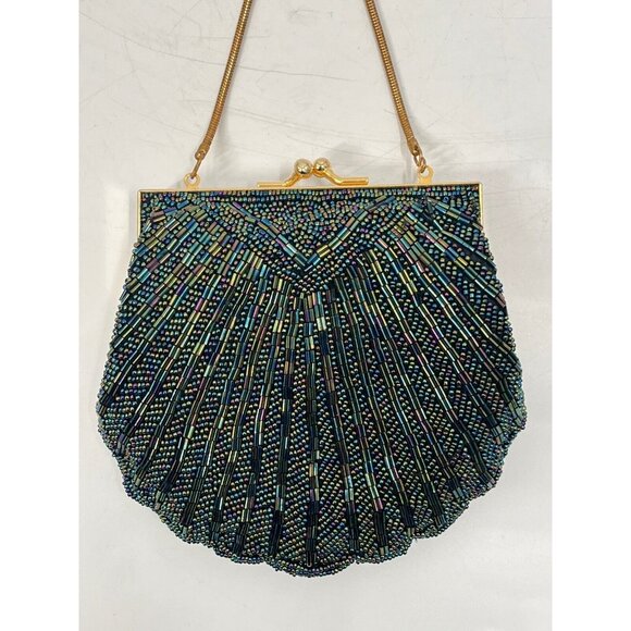 Valerie Stevens Vintage Beaded Seashell Scallop Purse Gold Chain - Picture 3 of 5